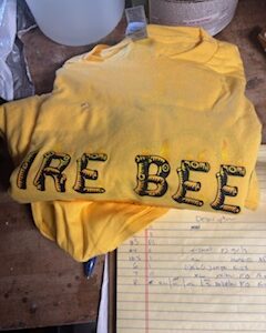 Fire Bee Tee, Mens only - Yellow Words w Flames
